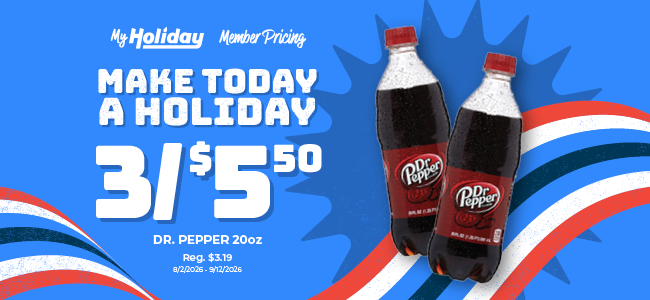 Dr Pepper 20oz, three for $5.50 with MyHoliday member pricing
