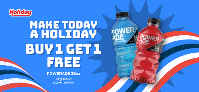Powerade 28oz buy one get one free at Holiday Oil