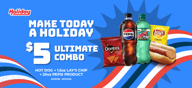 $5 Ultimate Combo — hot dog, 1.5oz Lay's chip and 20oz Pepsi product