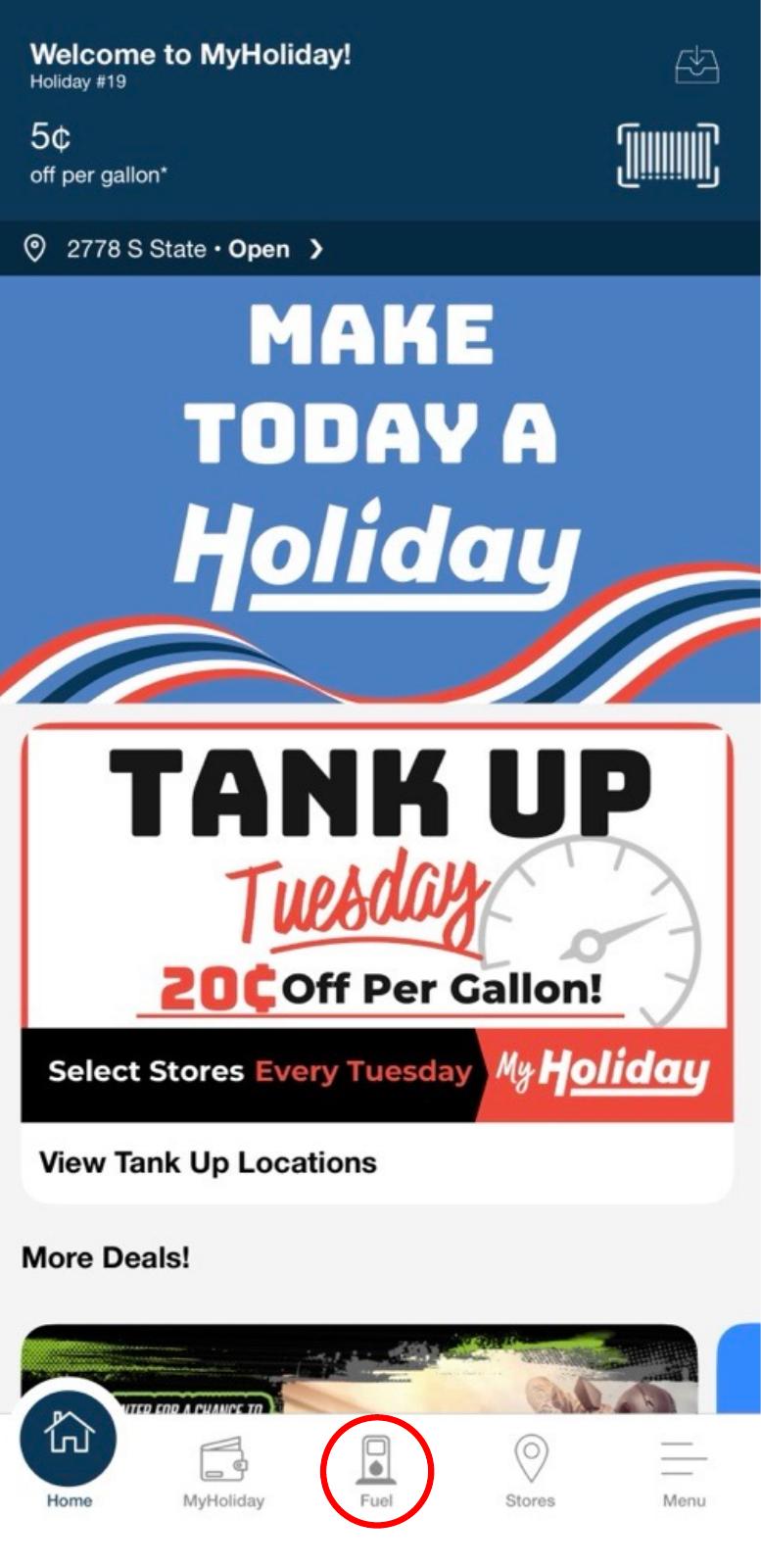 Holiday Oil app screen 1: Open the app and tap Fuel