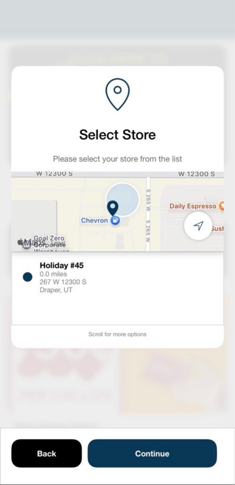 Holiday Oil app screen 3: Pick your store